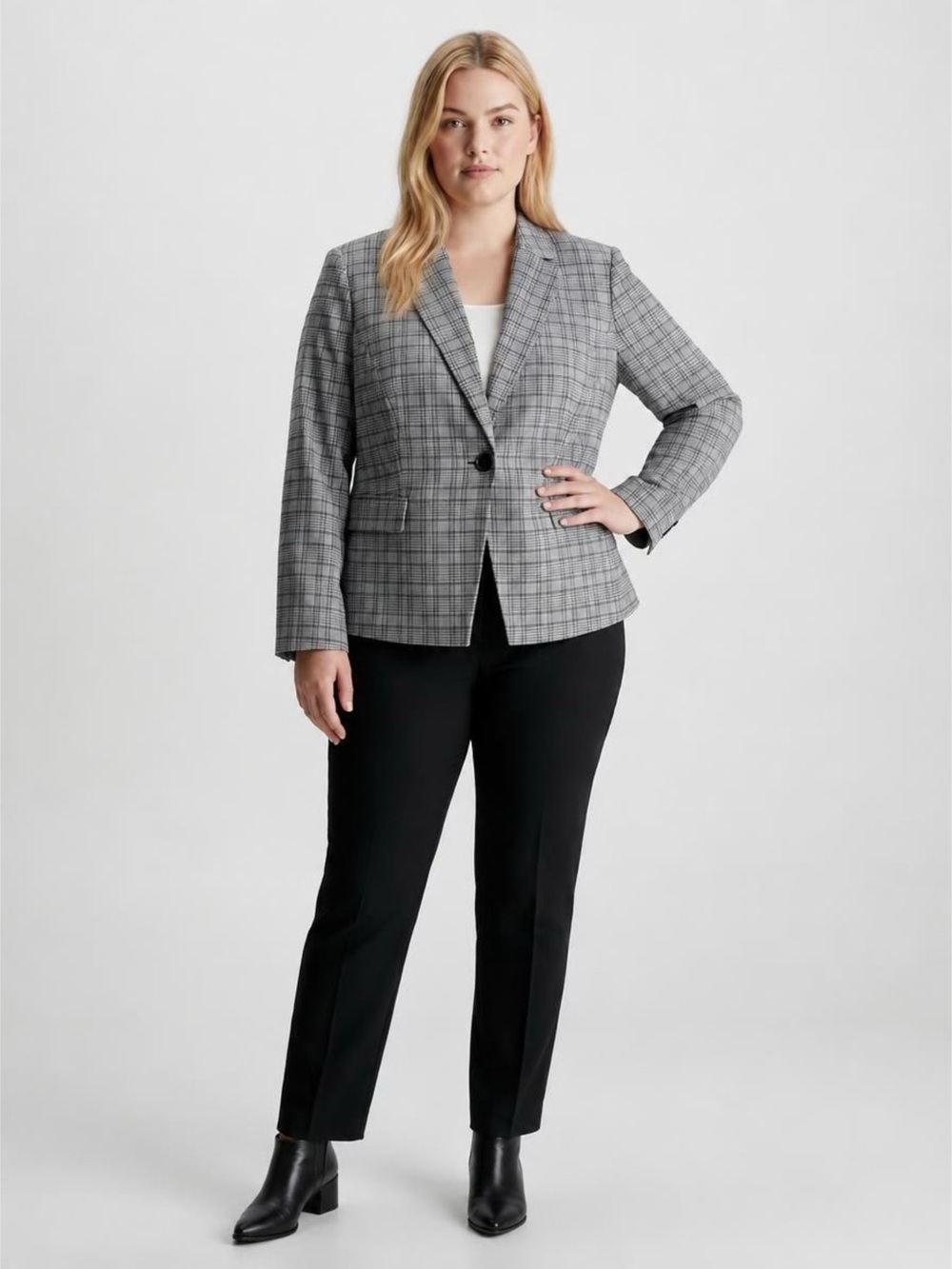 Calvin Klein Women’s Black White Plaid One Button Suit Blazer Career Jacket